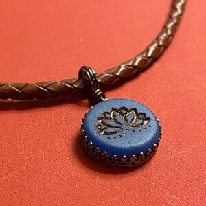 Braided Leather Necklace, Deep Blue Lotus Pendant, Boho Yoga Jewelry